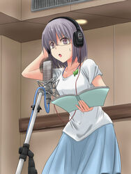  book commentary_request female glasses grate headphones ichinose_futaba microphone open_mouth purple_eyes recording_studio script shirt short_hair solo sore_ga_seiyuu! sweatdrop t-shirt takemitsu-zamurai vent_(object) white_shirt 