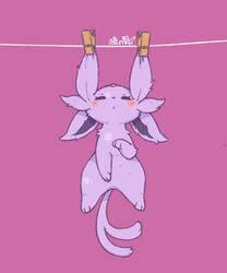  blush chinese_commentary clothes_pin clothesline commentary_request espeon eyelashes forked_tail full_body hanging looking_at_viewer lovewolf5122 no_humans pokemon pokemon_(creature) purple_background purple_theme simple_background solo tail 