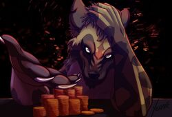  african_wild_dog anthro canid canine coin digital_media_(artwork) looking_at_viewer male mammal money solo yeenr 