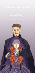  1boy a_song_of_ice_and_fire blue_eyes brown_eyes brown_hair facial_hair female game_of_thrones hood long_hair orange_hair petyr_baelish sansa_stark short_hair 