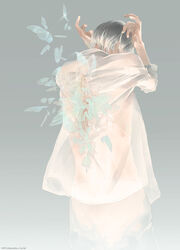  1boy butterfly_wings collared_shirt from_behind glass gradient gradient_background grey_hair male_focus original re_degrees_(red_flagship) see-through solo torn_clothes torn_shirt web_address white_pants white_shirt 