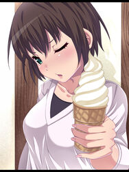  ;o black_hair blush breasts collarbone commentary_request doctor_k_shoujo female fingernails food green_eyes hair_between_eyes hands head_tilt highres holding ice_cream ice_cream_cone letterboxed long_fingernails long_sleeves looking_at_viewer medium_breasts nail_polish natsumyun one_eye_closed open_mouth pink_nails shadow short_hair soft_serve solo upper_body wood 