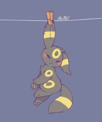  :&lt; blush chinese_commentary clothes_pin clothesline commentary_request dark_background from_side full_body hanging looking_at_viewer lovewolf5122 no_humans pokemon pokemon_(creature) simple_background solo umbreon 