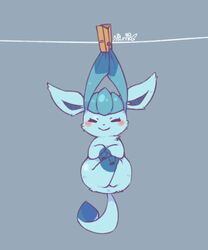  blue_background blue_theme blush chinese_commentary closed_mouth clothes_pin clothesline commentary_request full_body glaceon hanging legs_up looking_at_viewer lovewolf5122 no_humans pokemon pokemon_(creature) simple_background smile solo 