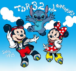  2015 4_fingers 4_toes accessory alien anniversary anthro black_eyes black_nose blue_body blue_claws blue_fur blue_nose bow_(feature) bow_accessory bow_ribbon centered_hair_bow chest_tuft claws clothed clothing cloud derimiko disney disney_parks dress electronics experiment_(lilo_and_stitch) eyelashes feet female fingers footwear fur gloves gradient_background group hair_accessory hair_ribbon hairbow handwear head_tuft headphones high_heels jacket jumping lilo_and_stitch looking_up mammal mickey_mouse minnie_mouse mouse murid murine notched_ear nude open_mouth open_smile ribbons rodent round_ears shoes simple_background sky smile stitch_(lilo_and_stitch) toe_claws toes tokyo_disneyland topwear tuft white_clothing white_gloves white_handwear 