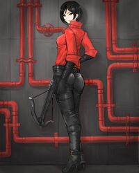  ada_wong ass black_footwear black_gloves black_pants boots closed_mouth commentary_request crossbow female from_behind full_body gloves high_heel_boots high_heels highres holding holding_crossbow holding_weapon industrial_pipe leather leather_boots leather_gloves looking_at_viewer looking_back madarame pants red_shirt resident_evil resident_evil_6 shirt short_hair smile solo standing weapon 