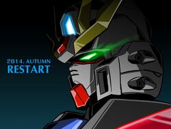  announcement_celebration commentary_request english_text glowing glowing_eyes green_eyes gundam gundam_build_fighters mecha no_humans robot solo star_build_strike_gundam xiphias_(mmi-m15e) 