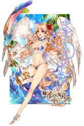  age_of_ishtaria angel_wings bangle barefoot barefoot_sandals_(jewelry) bikini blonde_hair bow_(weapon) bracelet commentary_request copyright_notice curly_hair female flower hair_flower hair_ornament jewelry long_hair navel official_art open_mouth palm_tree pink_eyes sachiel_(age_of_ishtaria) side-tie_bikini_bottom solo swimsuit tree very_long_hair weapon wings yamanashi_kawanashi 