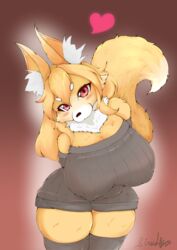  artist_request blonde_hair female fox furry long_hair red_eyes smiles socks solo sweater 