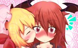  2girls ^^^ bad_id bad_pixiv_id bat_wings blonde_hair blush bow closed_eyes collarbone flandre_scarlet hat hat_bow heart kissing kissing_cheek koakuma multiple_girls okuva portrait purple_eyes red_hair touhou traditional_media wings yuri 