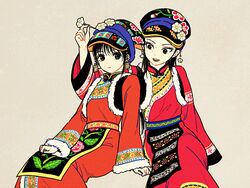  2girls :d arm_at_side black_hair chinese_clothes closed_mouth commentary_request crossed_legs earrings eyelashes floral_print flower flower_earrings fringe_trim fur_trim green_eyes grey_background hair_flower hair_ornament hair_stick hand_on_own_thigh hat holding jewelry kingdom_(series) kyoukai_(kingdom) kyoushou_(kingdom) long_hair long_sleeves looking_at_another looking_at_viewer mabui_(poloon) multiple_girls open_mouth simple_background sitting smile vest 