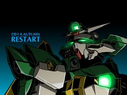  announcement_celebration commentary_request english_text glowing glowing_eyes green_eyes gundam gundam_build_fighters mecha no_humans robot solo wing_gundam_fenice_rinascita wings xiphias_(mmi-m15e) 