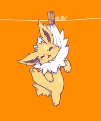  =_= blush chinese_commentary clothes_pin clothesline commentary_request full_body hanging jolteon leg_up looking_at_viewer lovewolf5122 no_humans orange_background pokemon pokemon_(creature) simple_background solo triangle_mouth x_anus 