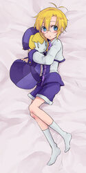  1boy blazblue blonde_hair blue_eyes blush carl_clover character_doll commentary_request dakimakura_(medium) glasses male_focus nakasaka_sakana nirvana_(blazblue) no_headwear shorts socks solo 