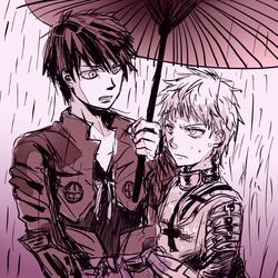  1boy armor commentary_request crest cross drifters embarrassed emblem family_crest female height_difference holding holding_umbrella jeanne_d&#039;arc_(drifters) long_sleeves maru_ni_juumonji_(crest) oil-paper_umbrella rain shared_umbrella shimazu_toyohisa_(drifters) symbol totte umbrella upper_body vambraces 