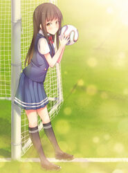  2014_fifa_world_cup bad_id bad_pixiv_id ball brazuca brown_eyes brown_hair female grass highres hiiragi_hazime looking_at_viewer original ribbon school_uniform smile soccer soccer_ball solo world_cup 