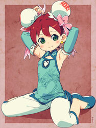  :o armpits arms_up blush border bow china_dress chinese_clothes detached_sleeves double_bun double_happiness dress female green_eyes hair_bun hairbow nail_polish om_(nk2007) red_hair saru_getchu sayaka_(saru_getchu) short_hair sitting smile solo wariza 