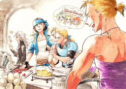  4boys blonde_hair cake celes_chere commentary_request cooking cream da-vesita edgar_roni_figaro egg final_fantasy final_fantasy_vi food fruit locke_cole multiple_boys photoshop_(medium) relm_arrowny sabin_rene_figaro setzer_gabbiani spoon strawberry terra_branford 