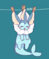  =_= blue_background blue_theme blush chinese_commentary closed_eyes clothes_pin clothesline commentary_request drooling facing_viewer full_body hanging lovewolf5122 no_humans pokemon pokemon_(creature) signature simple_background sleeping solo vaporeon 