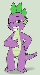  2014 anthro atrolux digital_media_(artwork) dragon friendship_is_magic green_eyes grin half-closed_eyes hasbro hi_res looking_at_viewer male my_little_pony mythological_creature mythological_scalie mythology narrowed_eyes purple_body purple_scales scales scalie simple_background smile solo spike_(mlp) tail young young_anthro young_male 