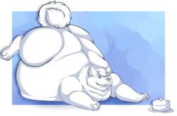  2016 4_toes 5_fingers anthro barefoot belly big_belly biped blue_background bodily_fluids border cake canid canine canis dessert digital_media_(artwork) domestic_dog drooling eyebrows feet fingers fluffy fluffy_tail food fur hair huge_belly husky hyper hyper_belly legs_in_air lying male mammal monochrome morbidly_obese morbidly_obese_anthro morbidly_obese_male nordic_sled_dog nude obese obese_anthro obese_male on_front one_eye_closed open_mouth oreocakes outside_border overweight overweight_anthro overweight_male plate saliva simple_background sky_(xenonwolf) smile solo spitz tail teeth toes white_border 