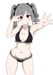  bikini black_bikini breasts cleavage commentary_request drill_hair female frilled_bikini frills grey_hair idolmaster idolmaster_cinderella_girls kanzaki_ranko long_hair looking_at_viewer medium_breasts outstretched_arm pinstripe_pattern red_eyes senshiya smile solo striped swimsuit twin_drills twintails 