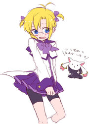  1boy akemi_homura akemi_homura_(cosplay) alternate_hairstyle antenna_hair arakune bike_shorts blazblue blonde_hair blue_eyes blush carl_clover commentary_request cosplay glasses kyubey_(cosplay) kyuubee magical_girl mahou_shoujo_madoka_magica mahou_shoujo_madoka_magica_(anime) nakasaka_sakana otoko_no_ko pleated_skirt short_twintails shorts shorts_under_skirt skirt skirt_tug translated twintails wrist_cuffs 