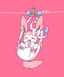  =_= blush chinese_commentary clothes_pin clothesline commentary_request full_body hanging happy looking_at_viewer lovewolf5122 no_humans oerba_yun_fang pink_background pink_theme pokemon pokemon_(creature) prehensile_ribbon simple_background solo swinging sylveon 