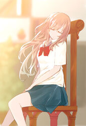  bad_id bad_pixiv_id bare_legs blurry bow brown_hair chair closed_eyes comrade_stalin depth_of_field feet_out_of_frame female floating_hair long_hair original sitting skirt solo wind wooden_chair 