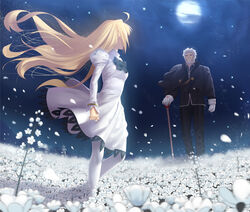  1boy aged_down ahoge arcueid_brunestud blonde_hair bow bowtie breasts cane clothes_lift commentary_request dress dress_lift eco-arc facing_another facing_to_the_side falling_petals female field floating_hair flower flower_field full_moon gloves holding holding_cane juliet_sleeves kischur_zelretch_schweinorg lolicon long_hair long_sleeves looking_at_another moon night night_sky pantyhose petals puffy_sleeves sky small_breasts tsukihime tsukikanade very_long_hair white_dress white_flower white_gloves white_pantyhose wind wind_lift 