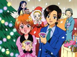  blonde_hair blue_eyes blue_hair brown_eyes brown_hair cake christmas christmas_tree dress drink food formal fujimura_shougo futari_wa_precure futari_wa_precure_max_heart gift japanese_clothes kimono kujou_hikari misumi_nagisa precure presents pretty_cure santa_costume suit yellow_eyes yukishiro_honoka 