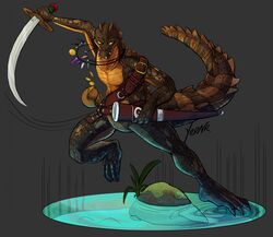  2017 anthro claws crocodile crocodilian crocodylid digital_media_(artwork) holding_melee_weapon holding_object holding_sword holding_weapon male melee_weapon nude reptile scales scalie simple_background solo sword tail thief weapon yeenr 