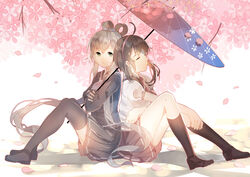  2girls absurdres back-to-back black_hair black_socks black_thighhighs bow carrying_over_shoulder cherry_blossoms closed_eyes commentary_request day green_eyes grey_bow grey_hair grey_skirt hairband hairbow highres holding holding_umbrella long_hair luo_tianyi mole mole_under_mouth multiple_girls oil-paper_umbrella pink_hairband pleated_skirt school_uniform serafuku shared_umbrella skirt socks tadatsu thighhighs umbrella vocaloid vsinger yuezheng_ling zettai_ryouiki 