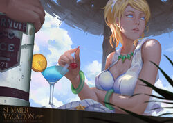  air_bubble alcohol ayase_eli backlighting bangle beach_umbrella bikini blonde_hair blue_eyes blue_hawaii blue_sky bottle bracelet breasts bubble character_name cherry cleavage cloud cocktail cocktail_glass commentary copyright_name cup dated day drawstring drinking_glass english_text female food fruit glass hair_ornament hair_scrunchie hands highres holding holding_food holding_fruit hood hood_down hooded_jacket jacket jewelry leaf lipstick long_hair looking_away looking_to_the_side love_live! love_live!_school_idol_project makeup medium_breasts midriff natsuiro_egao_de_1_2_jump! necklace orange_(fruit) orange_slice out_of_frame parted_lips photoshop_(medium) ponytail product_placement realistic regition scrunchie signature sitting sky sleeveless smirnoff_(vodka) solo_focus star_(symbol) striped summer sweat swept_bangs swimsuit table teeth tropical_drink umbrella upper_body vodka water_drop wine_bottle wine_glass 