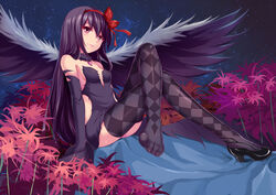  absurdres akemi_homura akuma_homura arm_support bare_shoulders black_hair blush breasts choker commentary_request crossed_legs dress elbow_gloves feet female flower from_side full_body gloves hair_ribbon high_heels highres lips long_hair looking_at_viewer mahou_shoujo_madoka_magica mahou_shoujo_madoka_magica:_hangyaku_no_monogatari night photoshop_(medium) purple_eyes ribbon shoes single_shoe sitting small_breasts solo spoilers star_(sky) thighhighs wings yuj_(moemarket) 