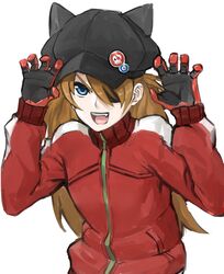  animal_hat black_hat blue_eyes brown_hair cat_hat claw_pose commentary_request evangelion:_3.0_you_can_(not)_redo eyepatch female gloves hands_up hat jacket long_hair long_sleeves looking_at_viewer madarame neon_genesis_evangelion oerba_yun_fang rebuild_of_evangelion red_jacket roaring simple_background solo souryuu_asuka_langley track_jacket upper_body white_background 