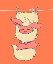  =_= blush chinese_commentary clothes_pin clothesline commentary_request flareon full_body hanging happy looking_at_viewer lovewolf5122 no_humans orange_background orange_theme pokemon pokemon_(creature) simple_background solo spread_legs x_anus 