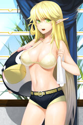  :o bare_shoulders belt bikini bikini_top_only black_shorts blonde_hair blush bow breasts cleavage collarbone commentary_request curtains elf female green_eyes highres holding large_breasts long_hair long_pointy_ears looking_at_viewer navel open_mouth photoshop_(medium) pointy_ears shiny_skin short_shorts shorts snowball22 solo strap_gap swimsuit sword_girls towel treanna window 