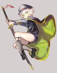  1boy akaike armor cape commentary_request green_eyes grey_background grey_socks hat hotarumaru japanese_armor kneehighs legwear_garter male_focus ootachi shorts shoulder_armor socks sode solo sword touken_ranbu weapon white_hair 