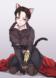  animal_ears asada_ryou assassin&#039;s_creed:_syndicate assassin&#039;s_creed_(series) blush cat_ears cat_tail commentary_request evie_frye female freckles kemonomimi_mode kneeling open_mouth short_hair solo tail 