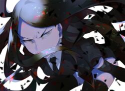  1other androgynous black_gloves black_hair black_necktie black_thighhighs bort commentary elbow_gloves gem_uniform_(houseki_no_kuni) gj gloves houseki_no_kuni long_hair looking_at_viewer multicolored_hair necktie other_focus solo sparkle sword thighhighs very_long_hair weapon 