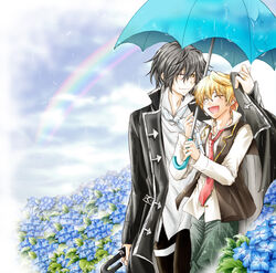  2boys black_hair blonde_hair blush checkered_pants coat commentary_request covering_privates field flower flower_field formal gilbert_nightray holding holding_umbrella hydrangea jewelry male_focus multiple_boys necktie one_eye_closed open_mouth outdoors oz_vessalius pandora_hearts piyo_(hitujirou-tuusin) rain rainbow ring shared_umbrella smile umbrella wet wet_clothes yellow_eyes 