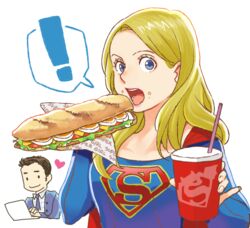  ! 1boy blonde_hair blue_eyes bodysuit brown_hair cape commentary_request computer crumbs cup dc_comics disposable_cup drink drinking_straw eating female food food_on_face heart holding holding_cup holding_food laptop looking_at_viewer open_mouth pinky_out sandwich solo_focus spoken_exclamation_mark submarine_sandwich supergirl superman_(series) upper_body white_background winn_schott yafu_(yahuxx28) 