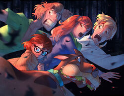  2girls 3boys brown_hair canine commentary daphne_ann_blake english_commentary everyone food freckles fred_jones glasses multiple_boys multiple_girls nana_nakano photoshop_(medium) running sandwich scared scarf scooby-doo scooby-doo_(character) shaggy_rogers velma_dace_dinkley 