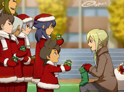  6+boys afuro_terumi aged_up androgynous brown_hair christmas gift gloves hat inazuma_eleven_(series) inazuma_eleven_go izumi_kanaaki katayama_tsuyoshi kishibe_taiga long_hair male_focus mittens mizuhara_aki multicolored_hair multiple_boys open_mouth purple_hair red_gloves sack santa_costume santa_hat smile taki_sousuke taki_yoshihiko tobisawa_mana two-tone_hair 