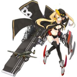  aircraft airplane azur_lane b-25_mitchell belt bikini bikini_top_only black_bikini black_hat black_ribbon black_shorts black_thighhighs blonde_hair bomber breasts cape cleavage clothes_writing cowboy_hat cutoffs elbow_gloves eyebrows female flight_deck floating_hair front-tie_bikini_top front-tie_top full_body gloves green_eyes grey_footwear grin groin hair_tie hand_on_headwear hao_(patinnko) hat hornet_(azur_lane) long_hair long_sleeves looking_at_viewer machinery medium_breasts midriff military military_vehicle navel official_art over-kneehighs ribbon short_shorts shorts shrug_(clothing) sidelocks sleeves_past_wrists smile solo stomach swimsuit tachi-e teeth thighhighs transparent_background turret twintails wasp white_thighhighs yellow_belt 