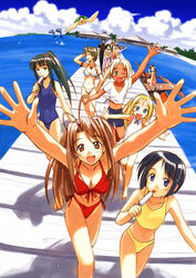  4boys 6+girls absurdres akamatsu_ken aoyama_motoko beach bikini black_hair blonde_hair blue_eyes blush blush_stickers breasts brown_eyes brown_hair cloud dolphin everyone flat_chest glasses green_eyes green_hair happy highres kaolla_su konno_mitsune large_breasts looking_at_viewer looking_back love_hina maehara_shinobu multiple_boys multiple_girls narusegawa_naru ocean one-piece_swimsuit open_mouth otohime_mutsumi outdoors pants ponytail sarah_mcdougal school_swimsuit seta_noriyasu short_hair sky small_breasts smile swimsuit tama_(love_hina) tree turtle urashima_haruka urashima_keitaro urashima_keitarou wink 