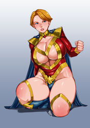  arm_behind_back blue_background blue_cape blue_eyes boots breasts cape cleavage cleavage_cutout clenched_hand clenched_teeth clothing_cutout commentary_request curvy eighth_wonder female full_body ganto gradient_background groin haruka_athena highleg highleg_leotard huge_breasts knee_boots kneeling leotard lipstick long_sleeves looking_at_viewer makeup mature_female orange_hair red_leotard red_lips serious shadow short_hair shoulder_pads signature simple_background solo star_(symbol) superhero_costume teeth thick_thighs thighs toned turtleneck uchi_no_musume_ni_te_wo_dasuna! underboob underboob_cutout 