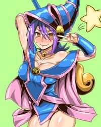  armpits bare_legs bare_shoulders blush blush_stickers breasts cleavage collarbone commentary_request cosplay dark_magician_girl dark_magician_girl_(cosplay) droite_(yu-gi-oh!) duel_monster female green_background hat kitsune-tsuki_(getter) large_breasts panties pantyshot simple_background solo star_(symbol) underwear v wand wizard_hat yu-gi-oh! yu-gi-oh!_zexal 