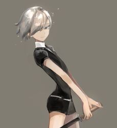  1other androgynous arched_back black_shirt black_shorts closed_mouth collared_shirt commentary_request cowboy_shot from_side gem_uniform_(houseki_no_kuni) goshenite_(houseki_no_kuni) grey_background grey_eyes grey_hair hair_over_one_eye highres holding holding_sword holding_weapon houseki_no_kuni light_smile looking_at_viewer musshu_(omu001) other_focus shirt short_hair short_sleeves shorts simple_background smile solo sword tsurime weapon white_hair white_shirt wing_collar 